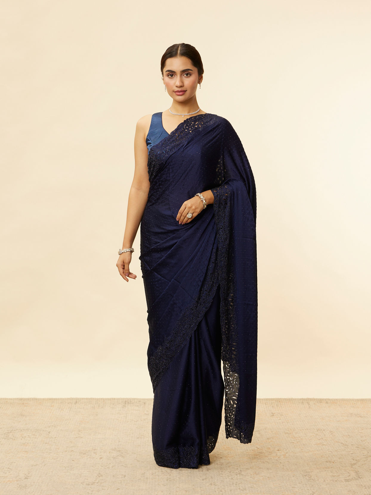 alt message - Mohey Women Indigo Blue Stone Work Saree image number 0