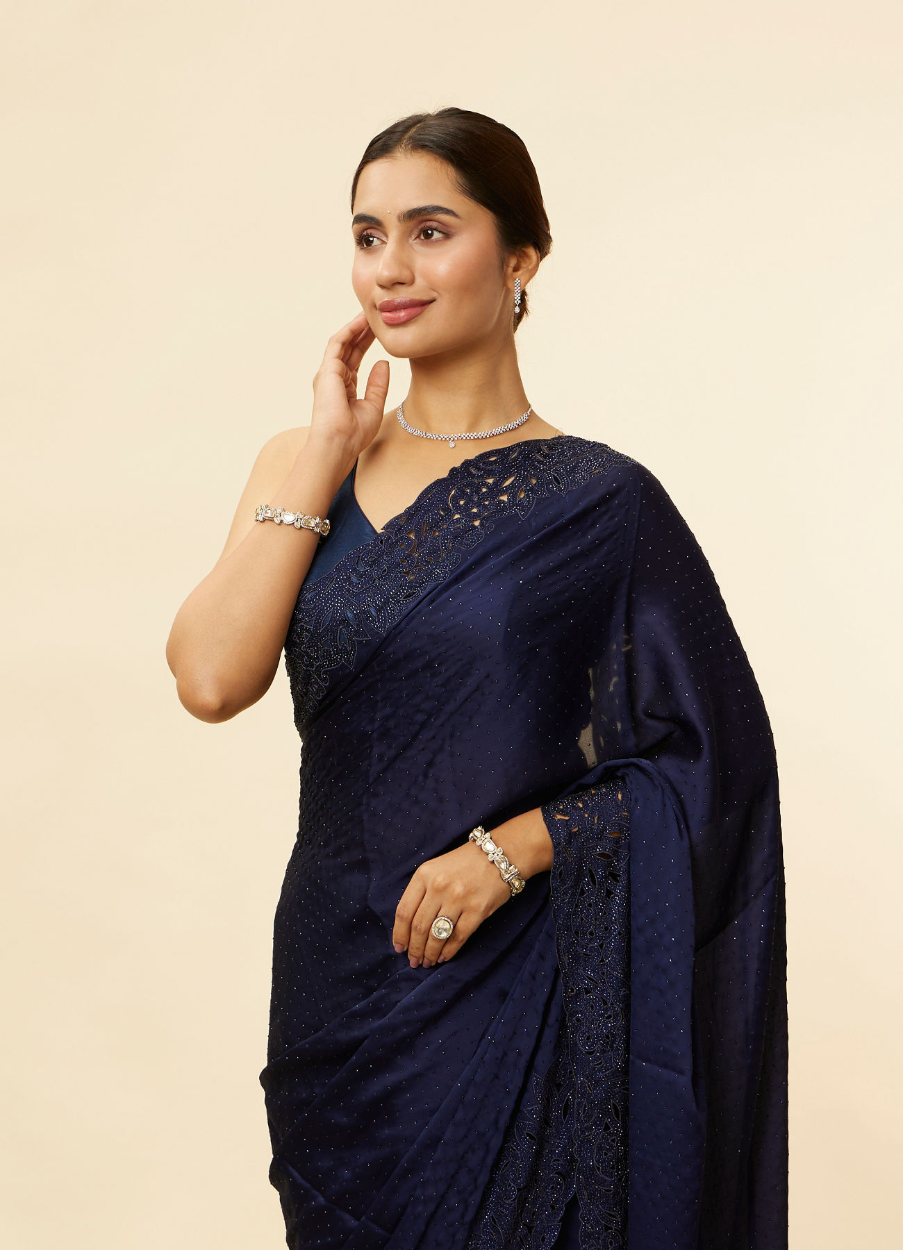 Mohey Women Indigo Blue Stone Work Saree