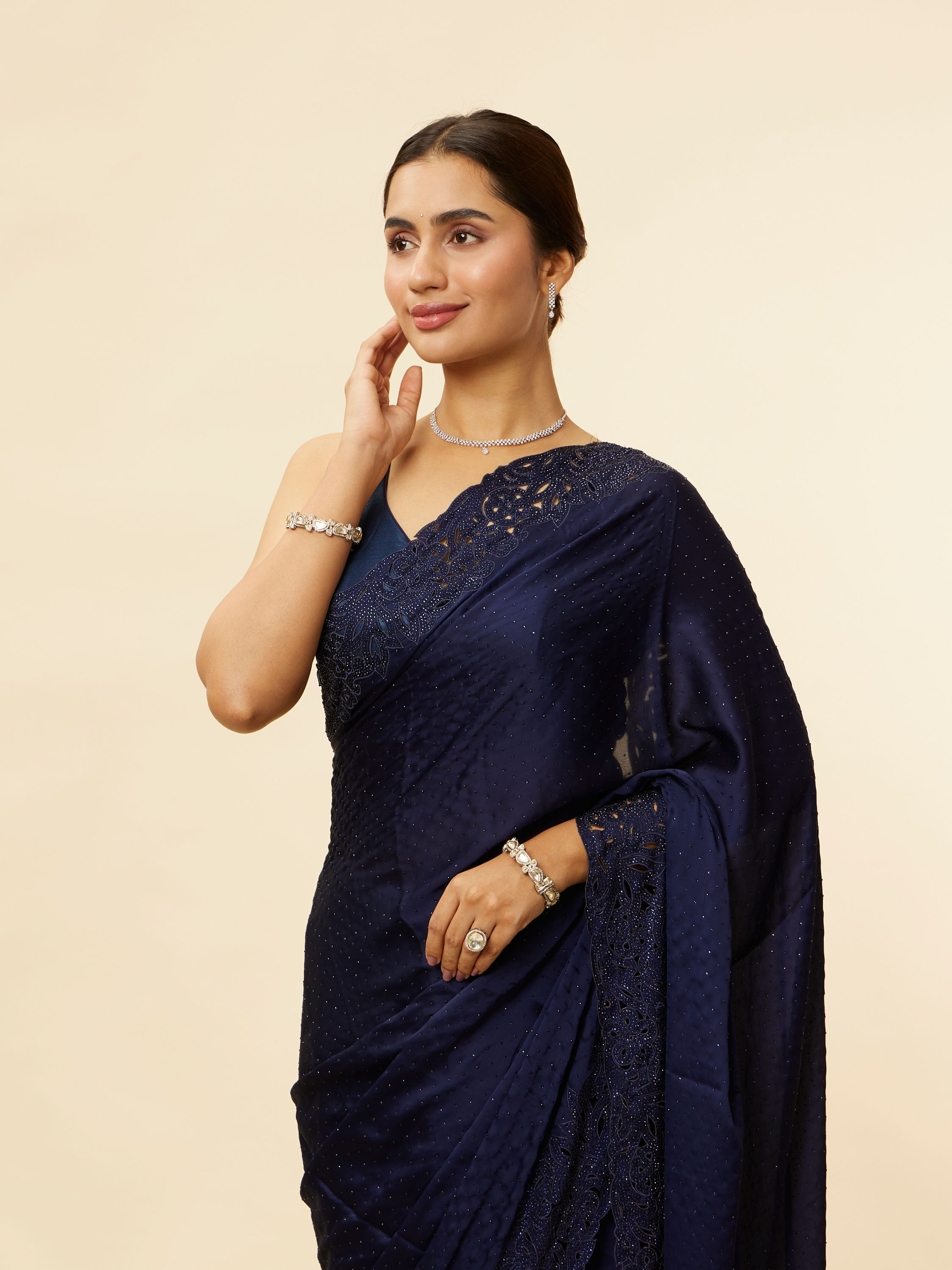 Mohey Women Indigo Blue Stone Work Saree