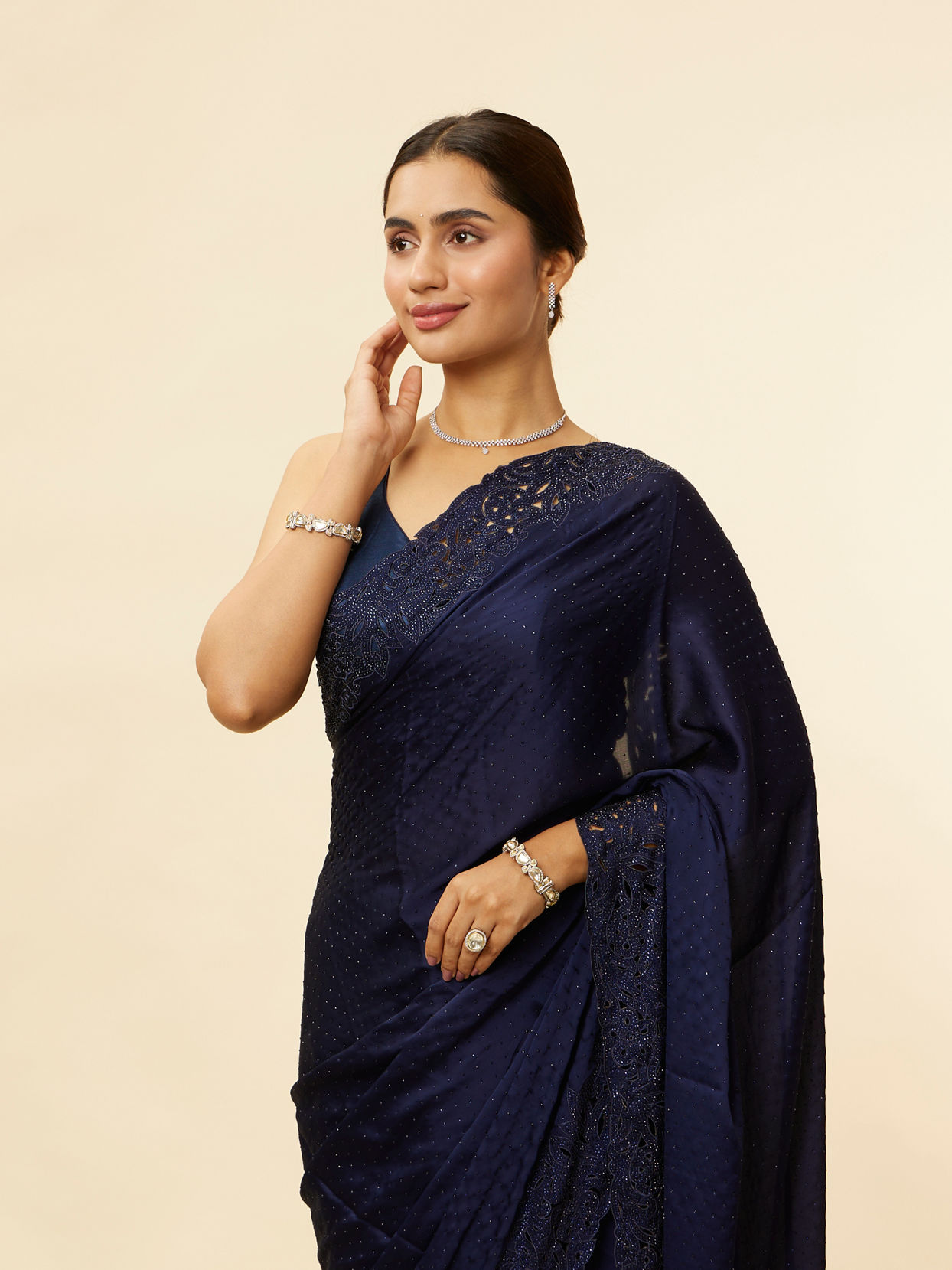 alt message - Mohey Women Indigo Blue Stone Work Saree image number 1