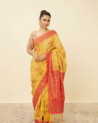 Mohey Women Tangerine Yellow Saree with Floral Pattern