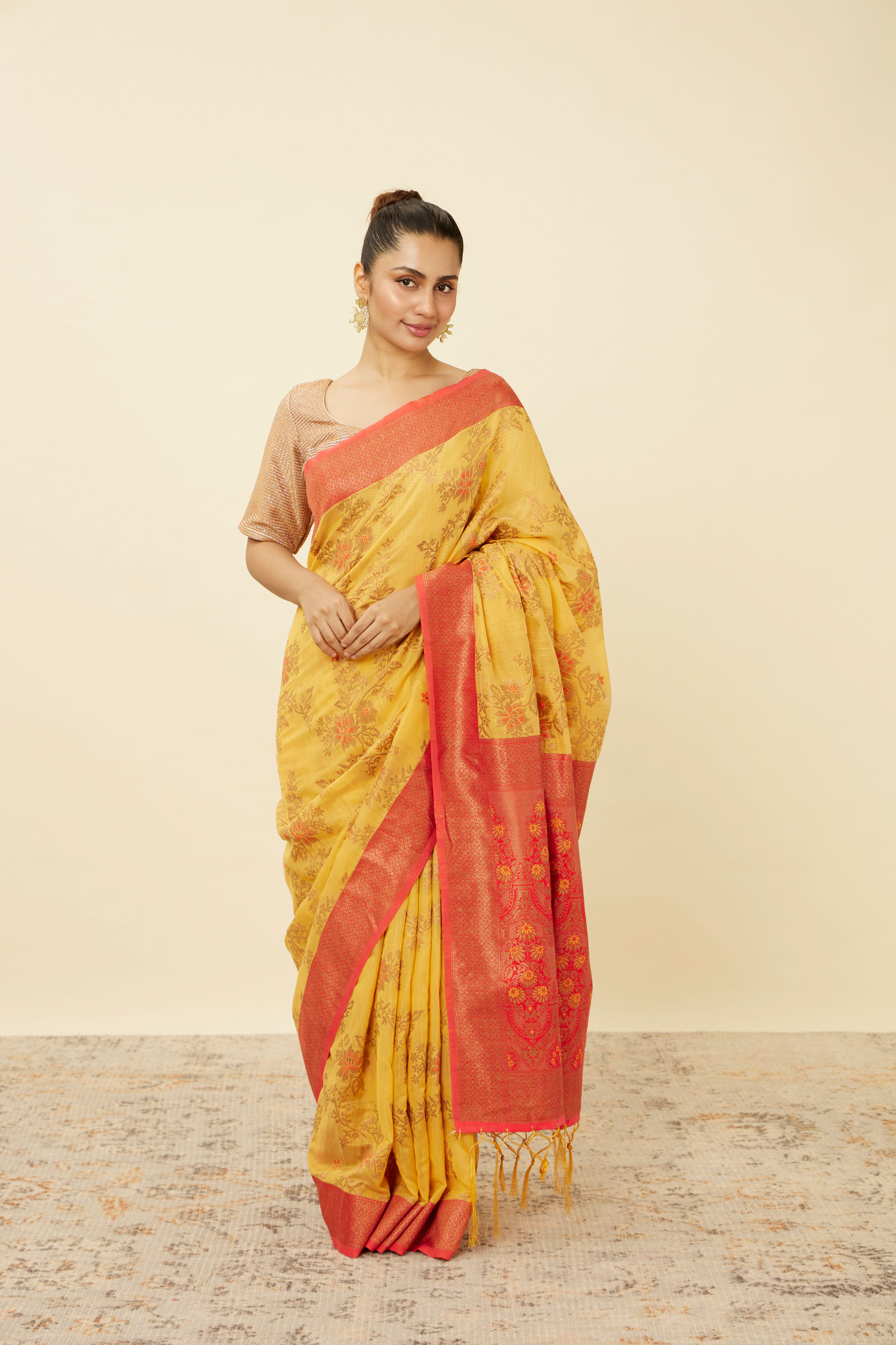 Mohey Women Tangerine Yellow Saree with Floral Pattern