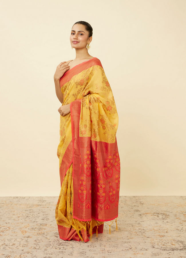 Mohey Women Tangerine Yellow Saree with Floral Pattern