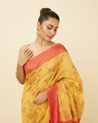 Mohey Women Tangerine Yellow Saree with Floral Pattern
