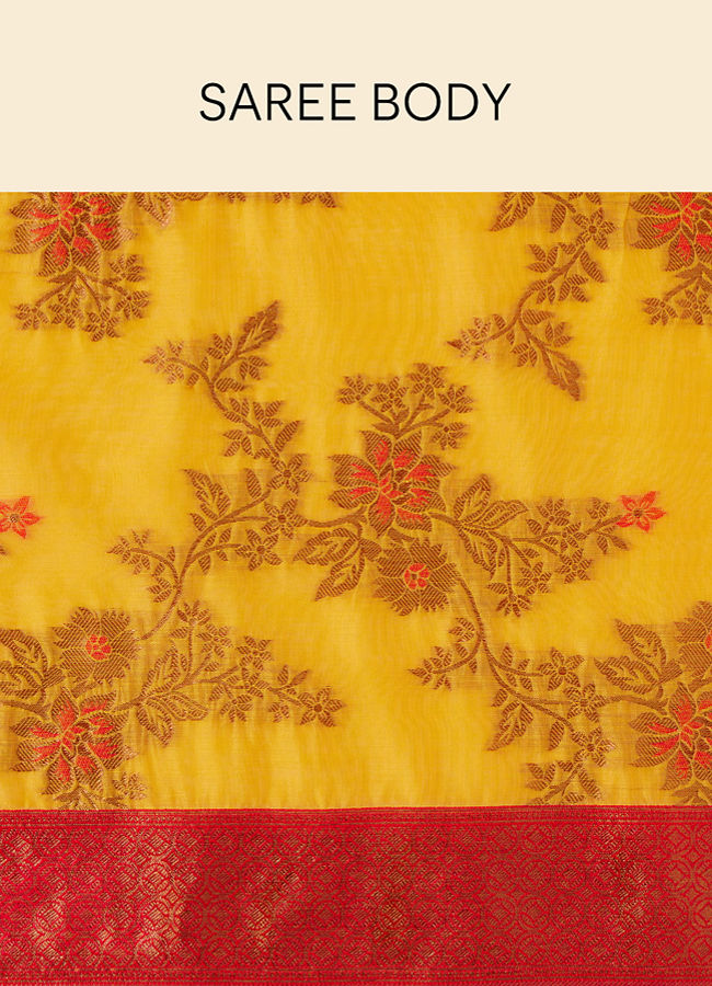 Mohey Women Tangerine Yellow Saree with Floral Pattern