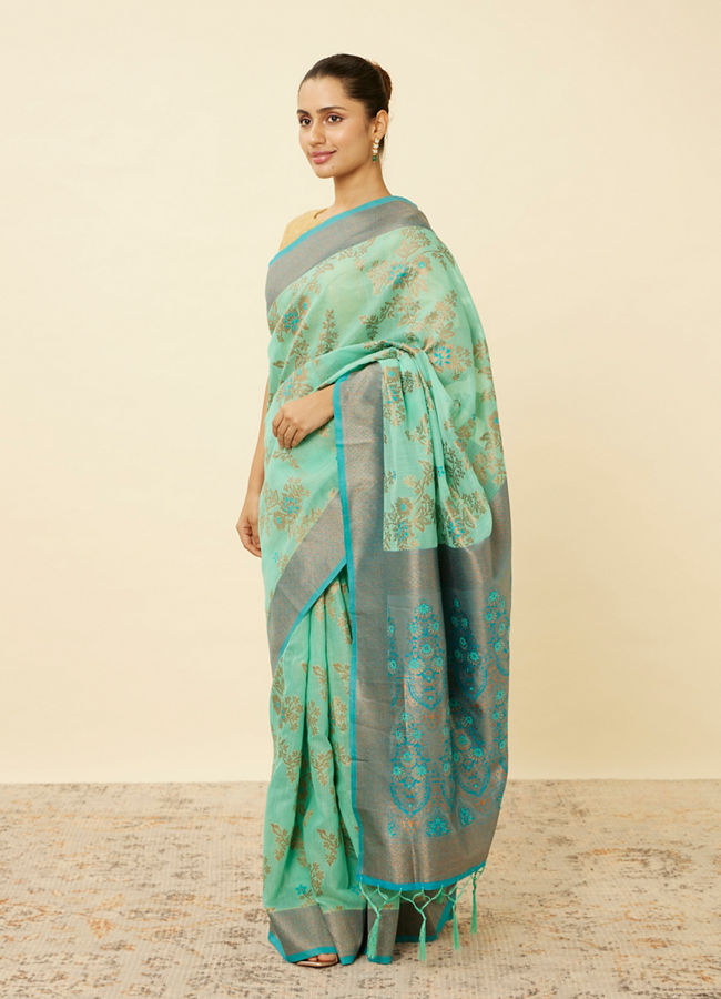 Mohey Women Teal Blue Bel Buti Patterned Saree