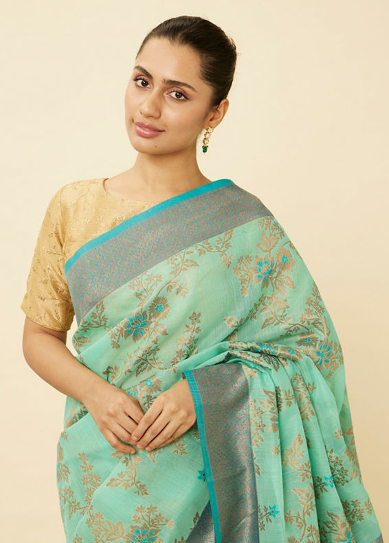 Mohey Women Teal Blue Bel Buti Patterned Saree