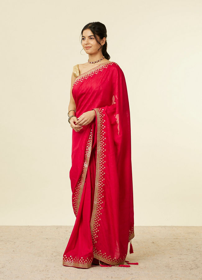 Mohey Women Dark Red Floral Sequinned Saree with Tassels Latkans
