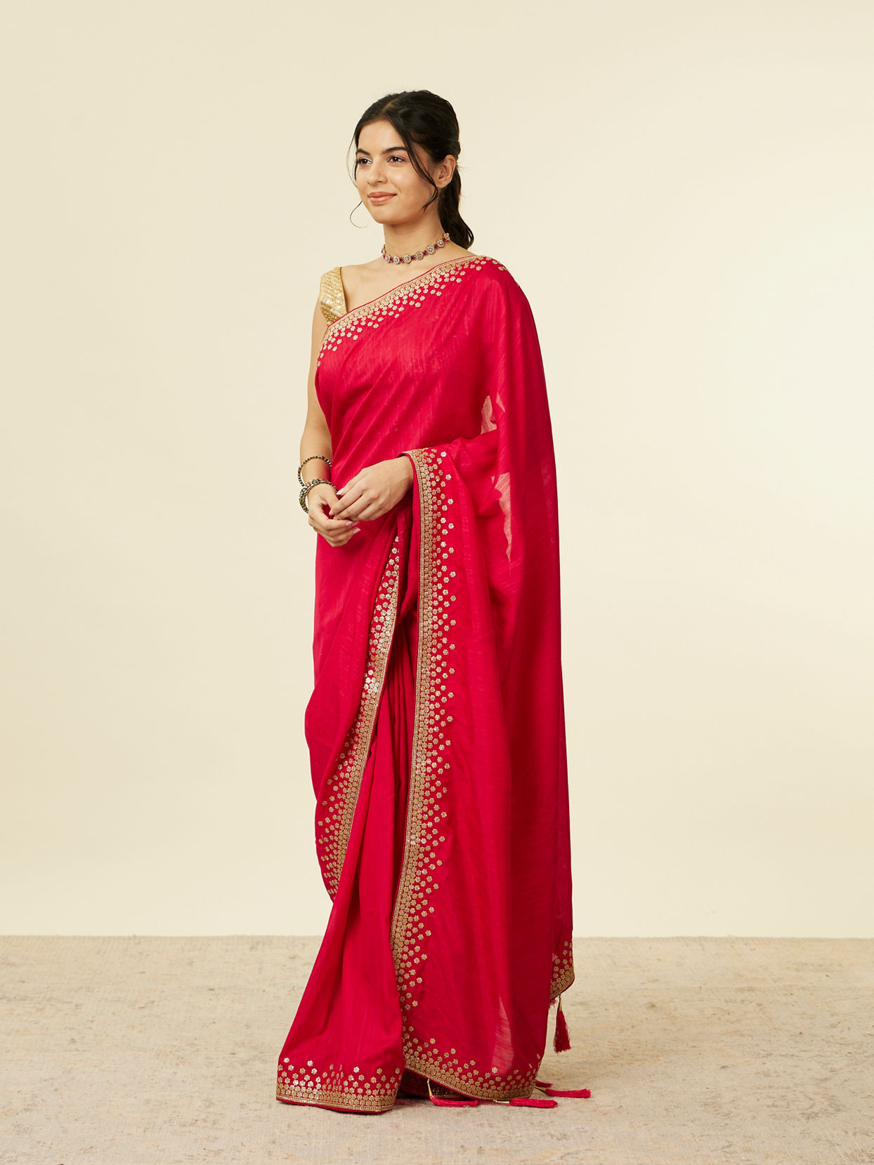 Mohey Women Dark Red Floral Sequinned Saree with Tassels Latkans