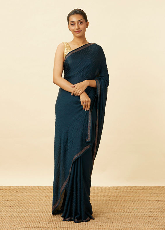 Mohey Women Dark Sapphire Bead Embroidered Saree