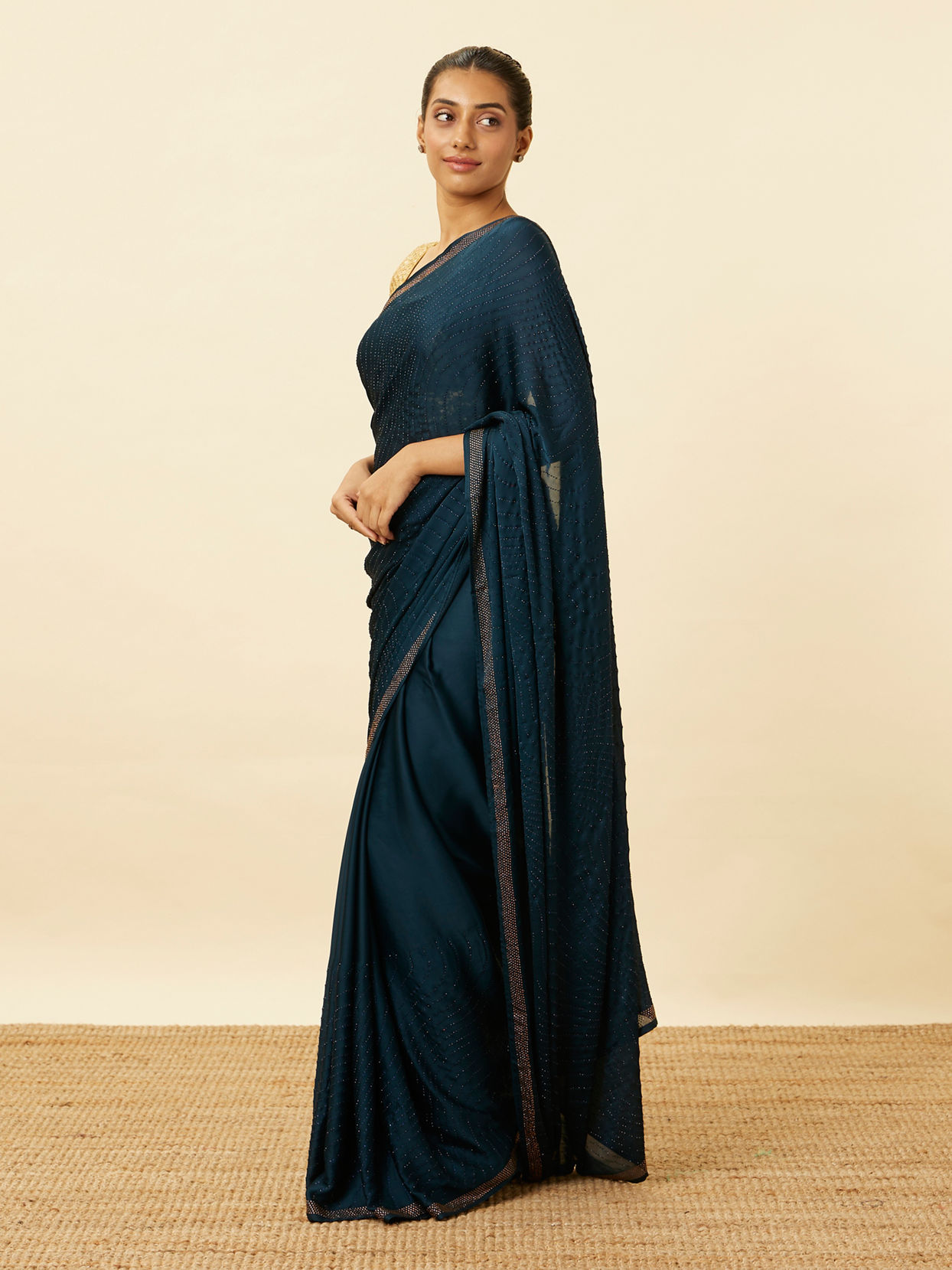 Mohey Women Dark Sapphire Bead Embroidered Saree