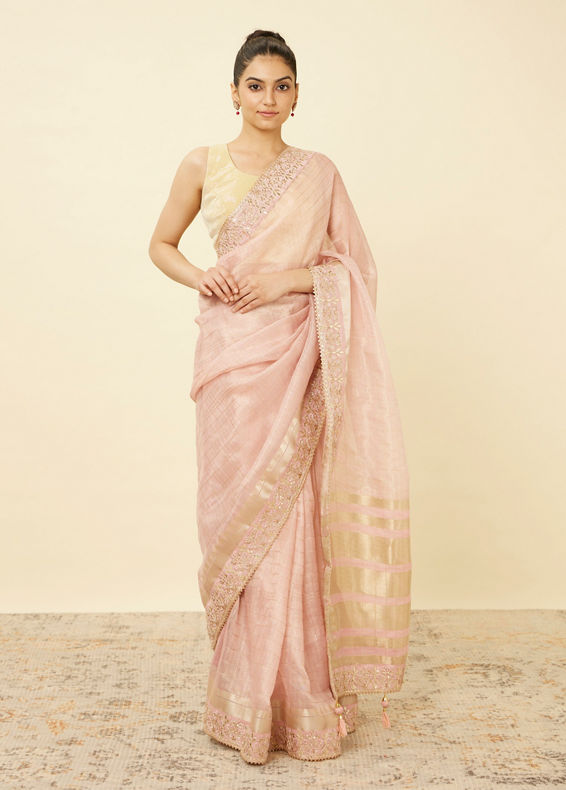 Mohey Women Rose Shadow Pink Saree with Floral Patterned Borders