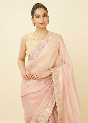 alt message - Mohey Women Rose Shadow Pink Saree with Floral Patterned Borders image number 1