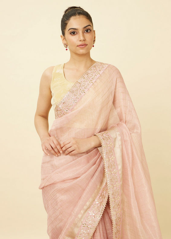 Mohey Women Rose Shadow Pink Saree with Floral Patterned Borders