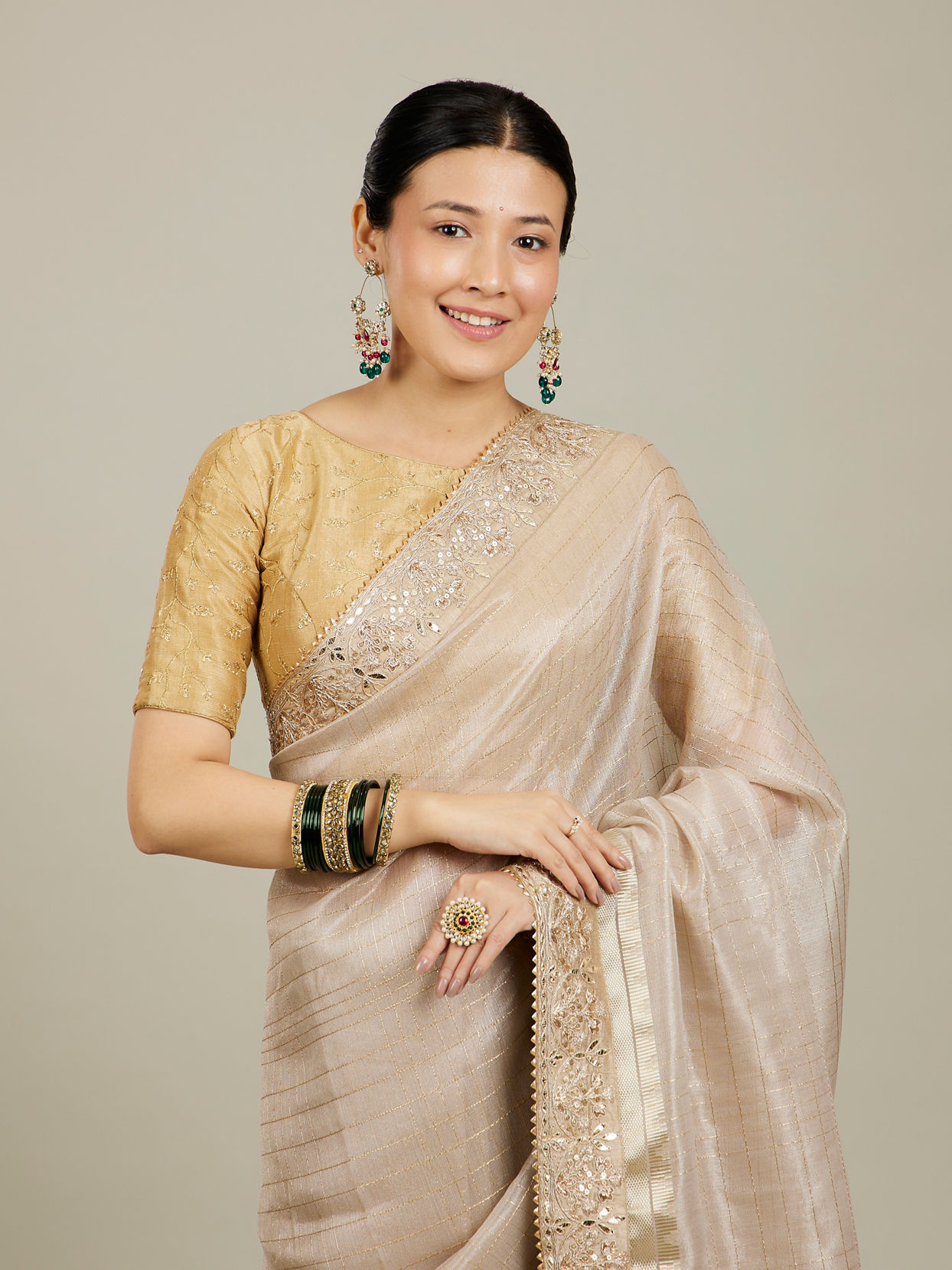 Mohey Women Rose Pink Fawn Sequinned Saree