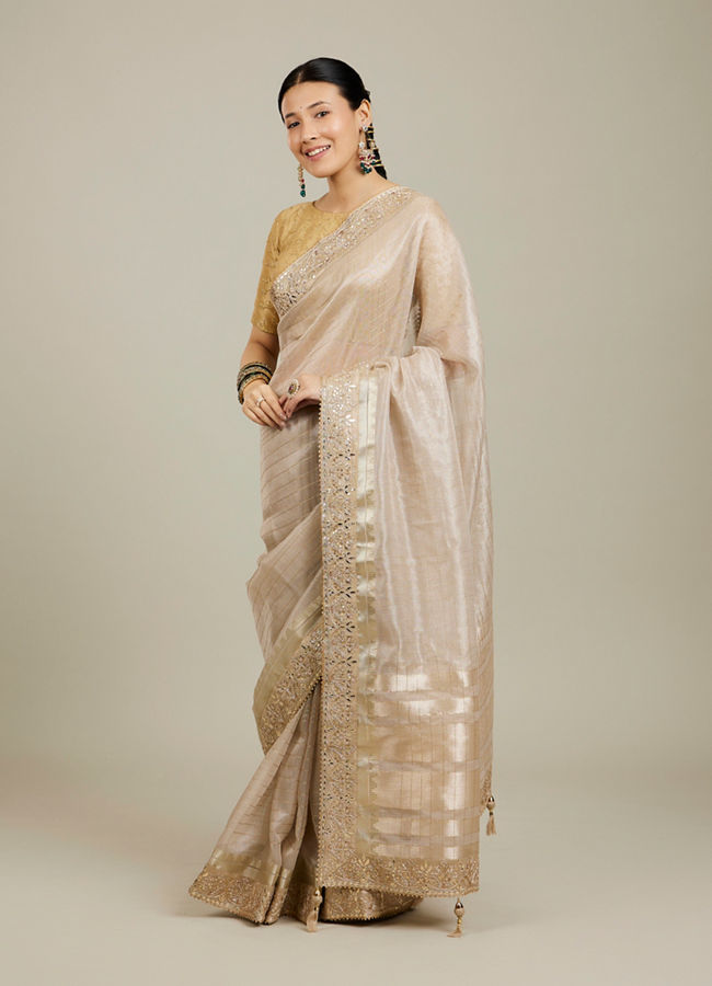 Mohey Women Rose Pink Fawn Sequinned Saree