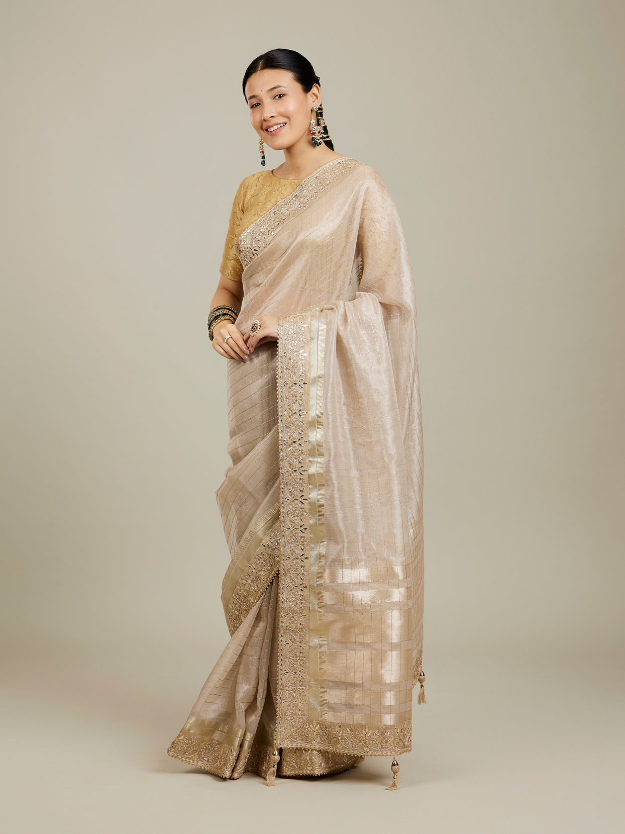 Mohey Women Rose Pink Fawn Sequinned Saree