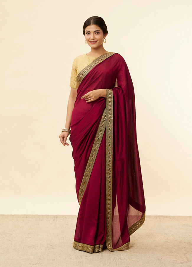 Buy Rose Red Embroidered Border Saree Online in India @Mohey - Saree ...