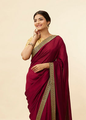 Rose Red Embroidered Border Saree image number 1