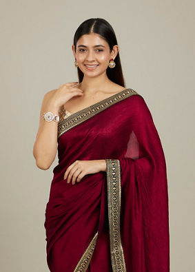 Mohey Women Rose Red Embroidered Border Saree image number 1