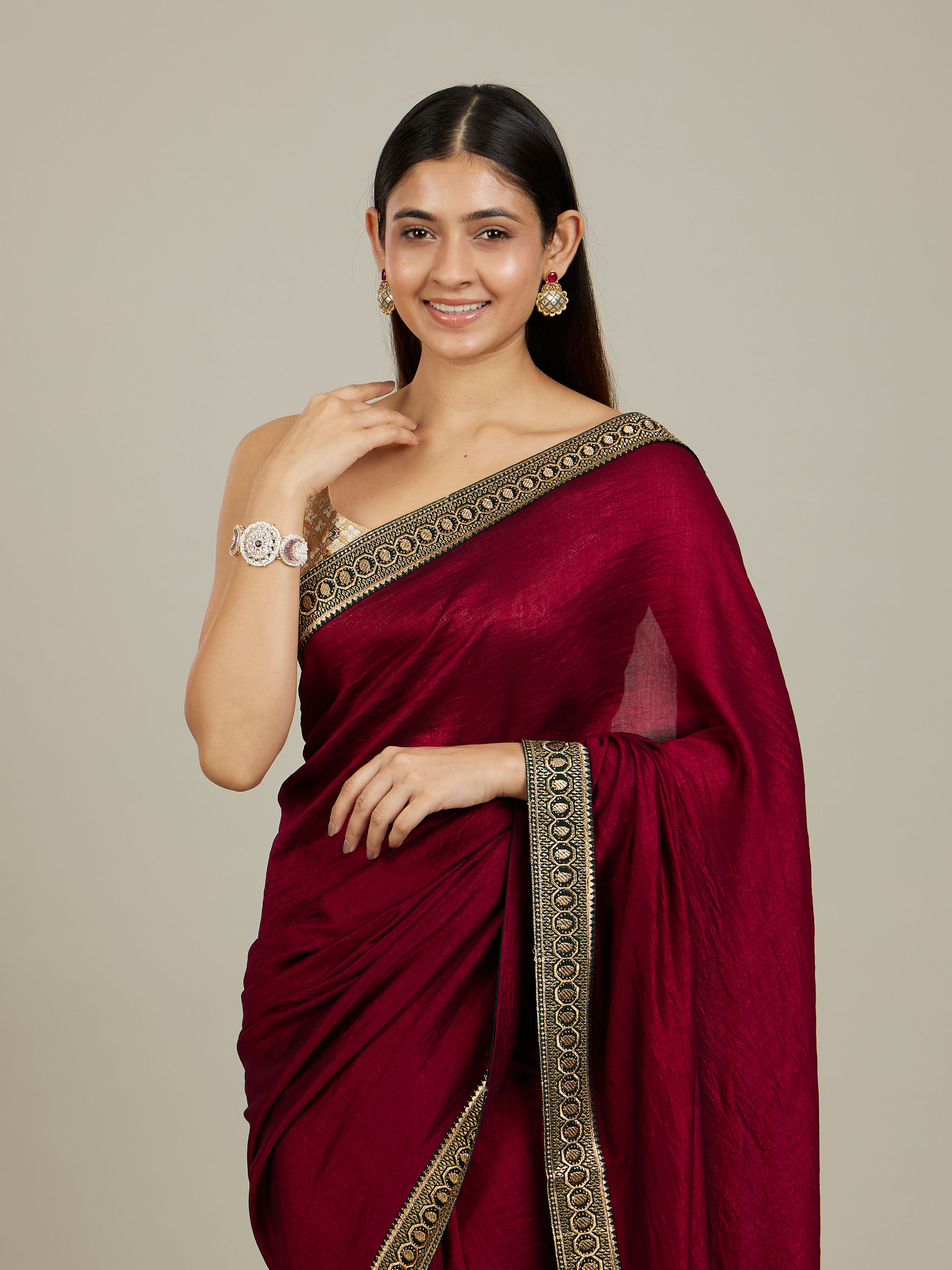 Mohey Women Rose Red Embroidered Border Saree