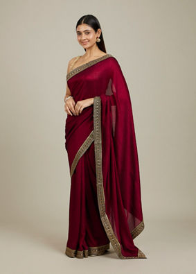 Mohey Women Rose Red Embroidered Border Saree image number 2