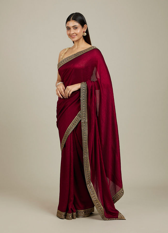 Mohey Women Rose Red Embroidered Border Saree