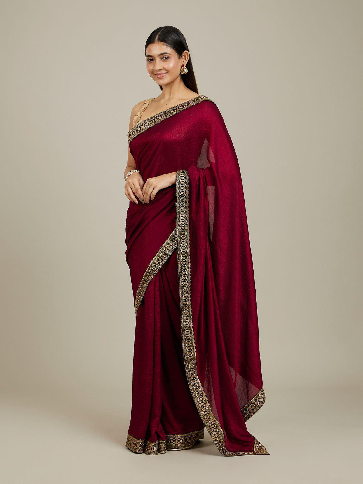 Mohey Women Rose Red Embroidered Border Saree