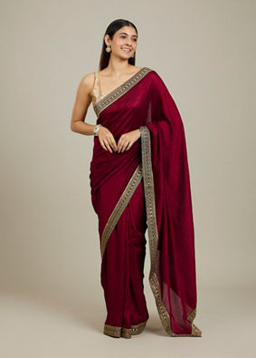 Mohey Women Rose Red Embroidered Border Saree image number 0