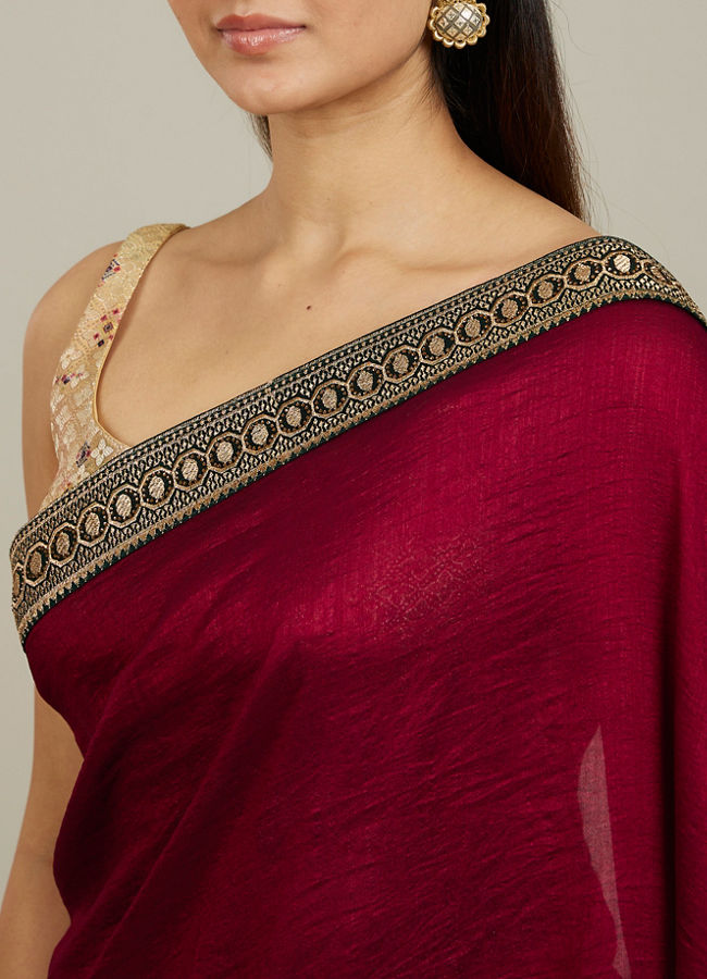 Mohey Women Rose Red Embroidered Border Saree