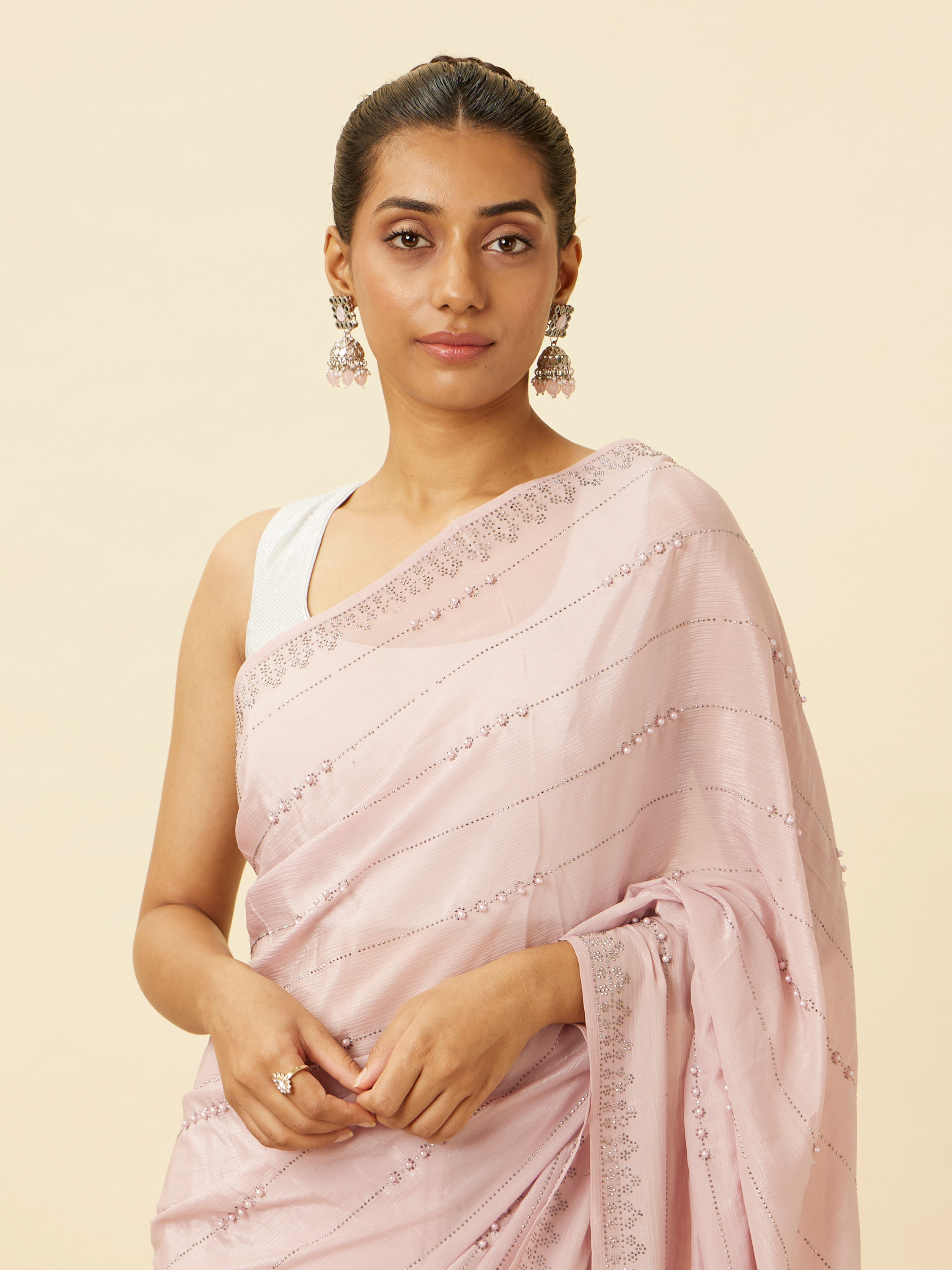 Mohey Women Lavender Pink Saree with Stone Work