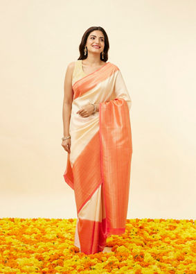 Cream Buta Patterned Saree with Red Zari Border image number 0