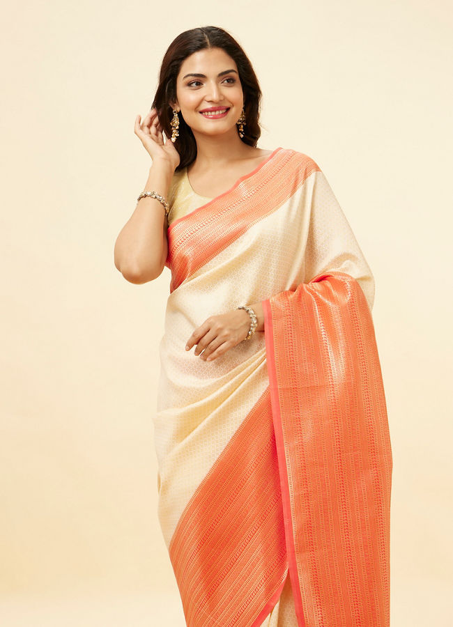 Mohey Women Cream Buta Patterned Saree with Red Zari Border