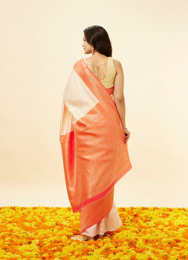Mohey Women Cream Buta Patterned Saree with Red Zari Border