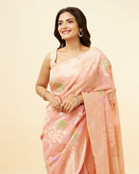 Mohey Women Rose Pink Botanical Patterned Zari Work Saree