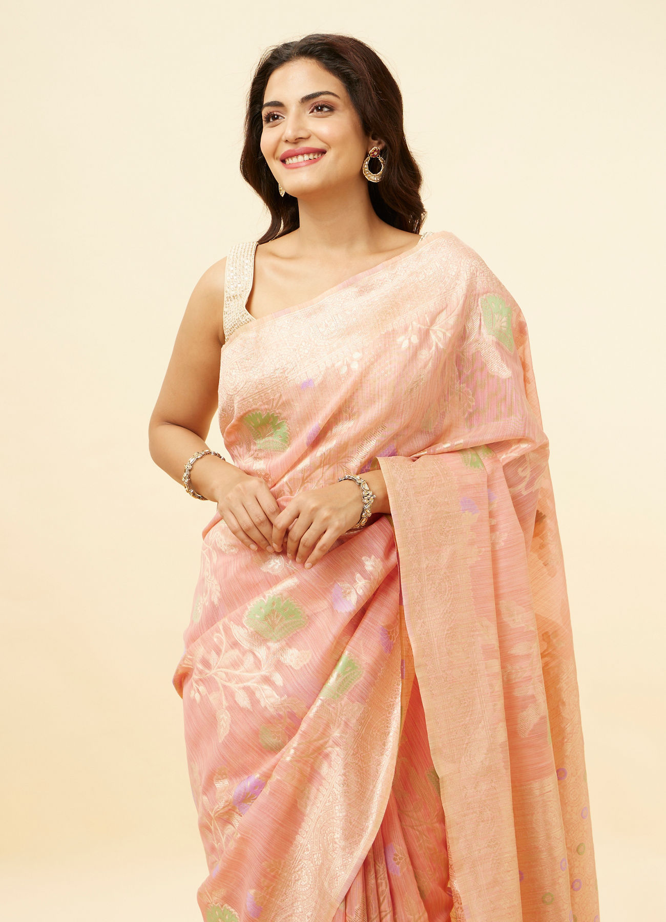 Mohey Women Rose Pink Botanical Patterned Zari Work Saree