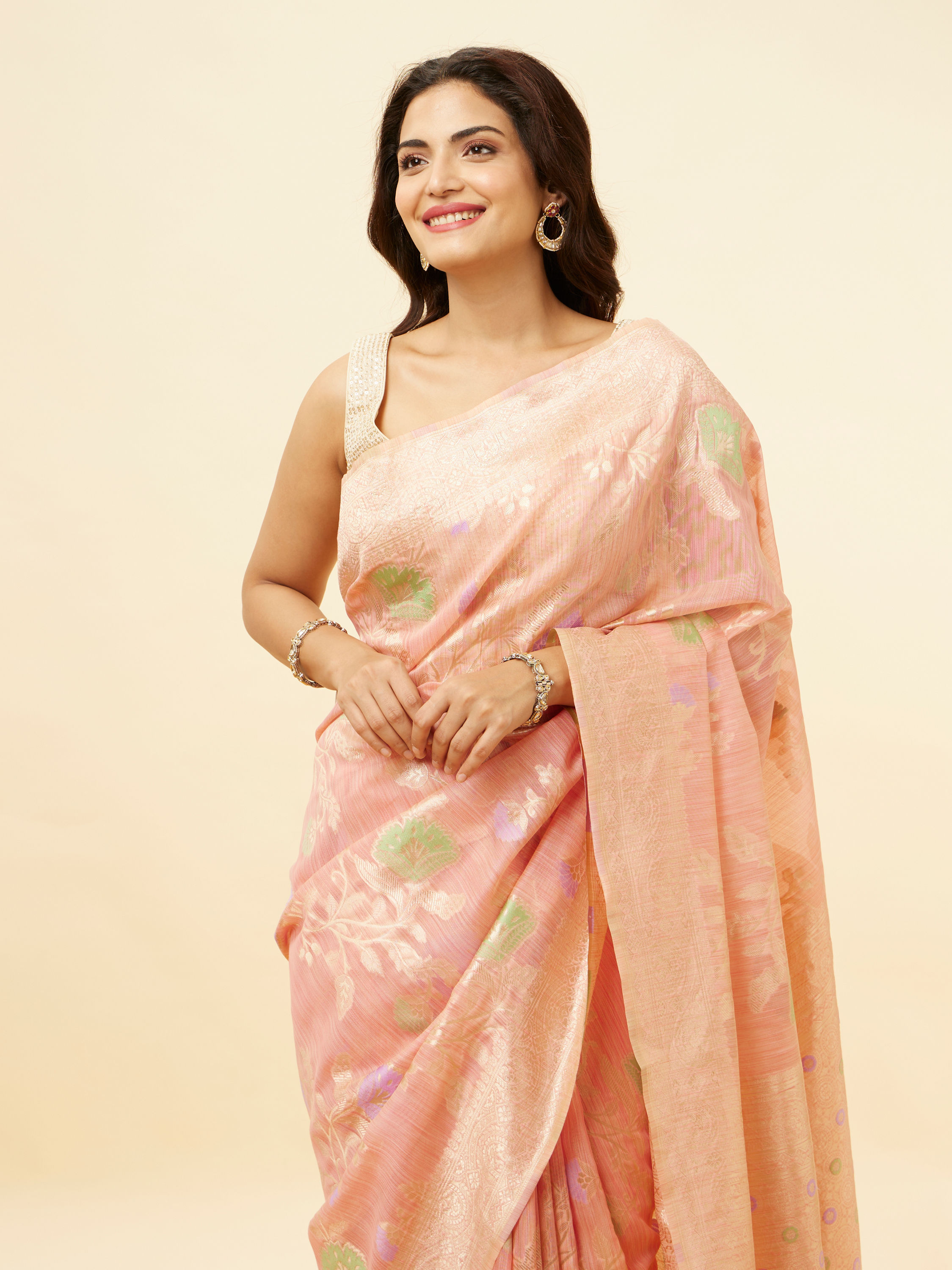 Mohey Women Rose Pink Botanical Patterned Zari Work Saree