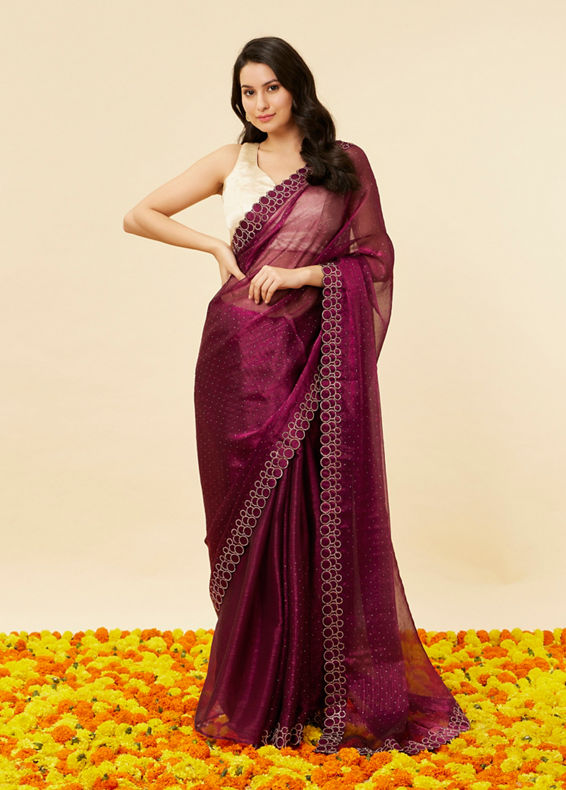 Mohey Women Wine Red Rhinestone Embellished Saree