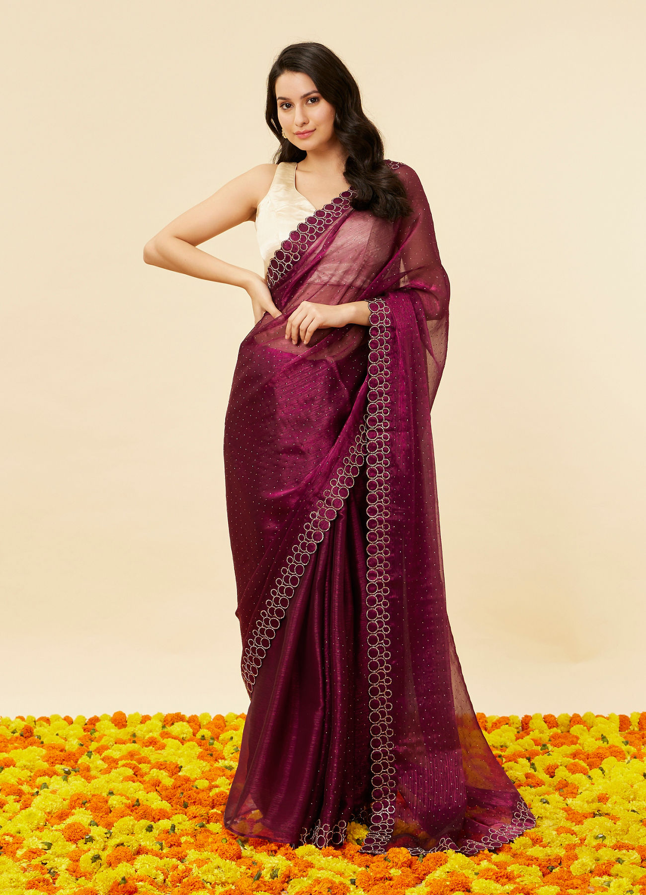 Mohey Women Wine Red Rhinestone Embellished Saree