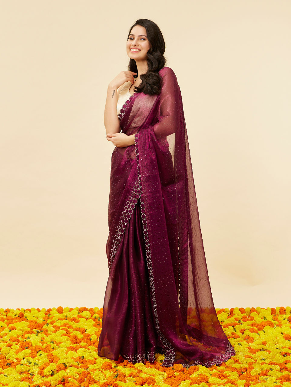Mohey Women Wine Red Rhinestone Embellished Saree