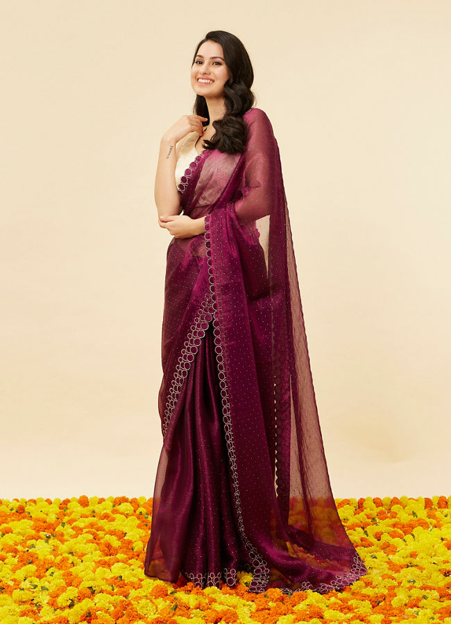 Mohey Women Wine Red Rhinestone Embellished Saree