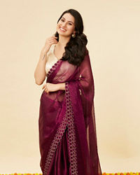 Mohey Women Wine Red Rhinestone Embellished Saree