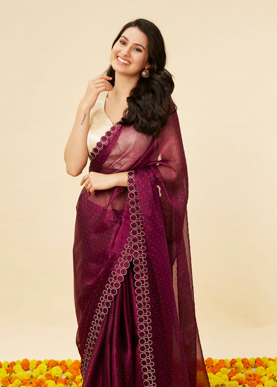 Mohey Women Wine Red Rhinestone Embellished Saree