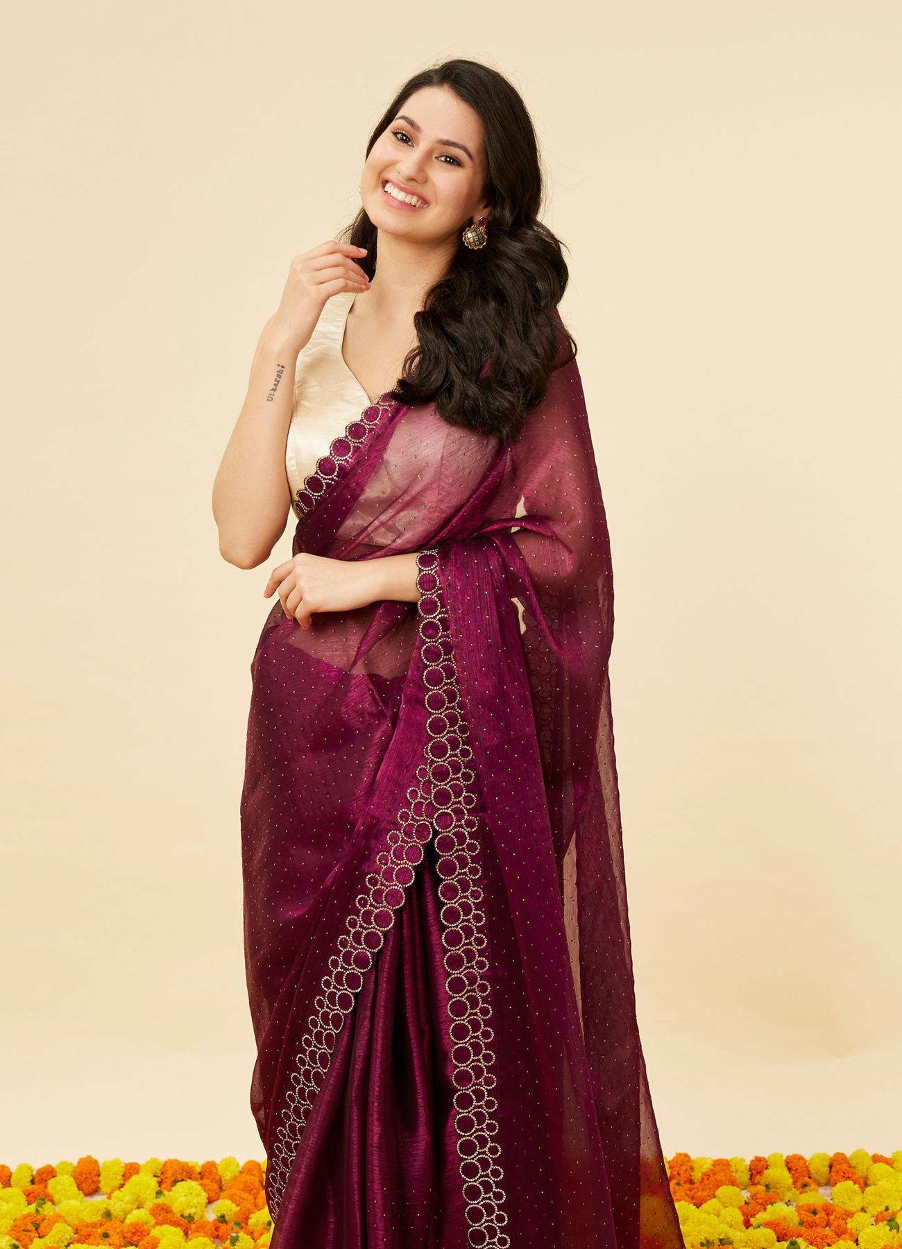 Mohey Women Wine Red Rhinestone Embellished Saree