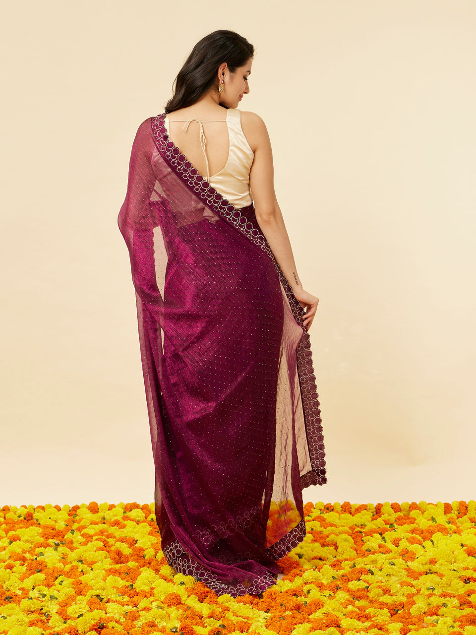 Mohey Women Wine Red Rhinestone Embellished Saree