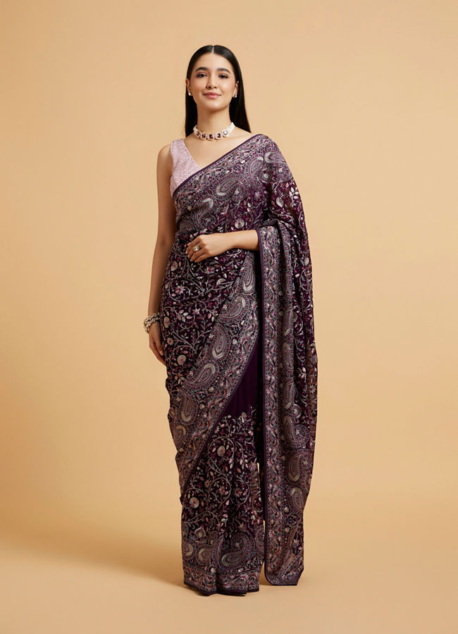 Mohey Women Wine Red Floral Vine Embroidered Saree with Paisley Motifs