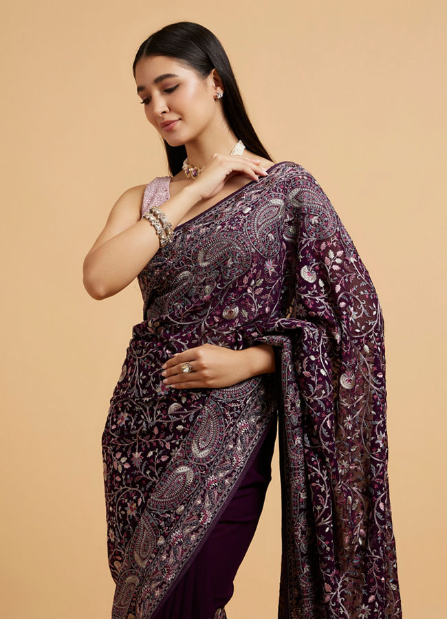 Mohey Women Wine Red Floral Vine Embroidered Saree with Paisley Motifs