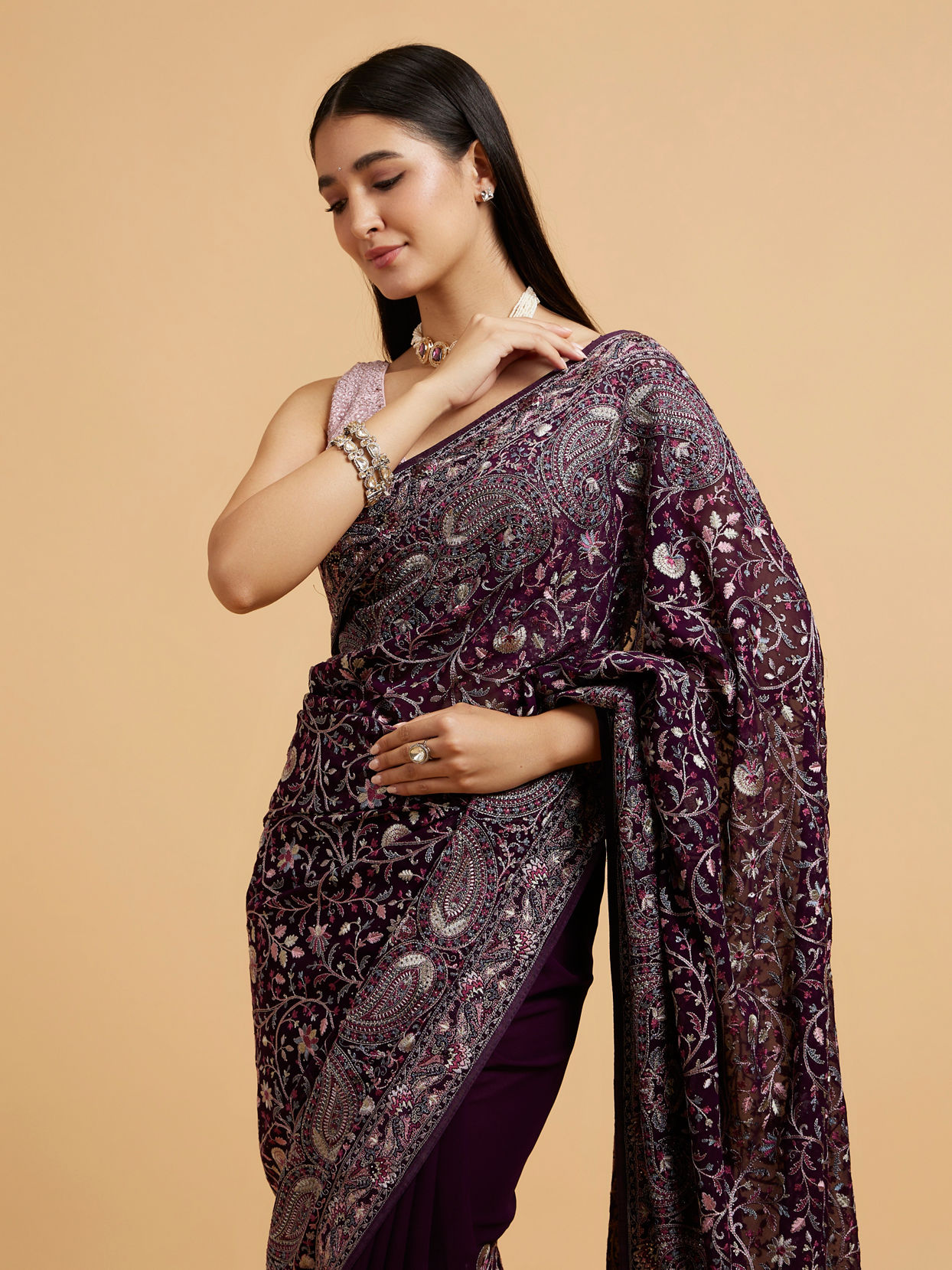 Mohey Women Wine Red Floral Vine Embroidered Saree with Paisley Motifs