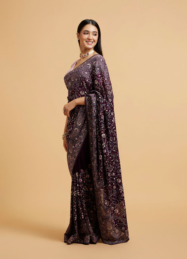 Mohey Women Wine Red Floral Vine Embroidered Saree with Paisley Motifs