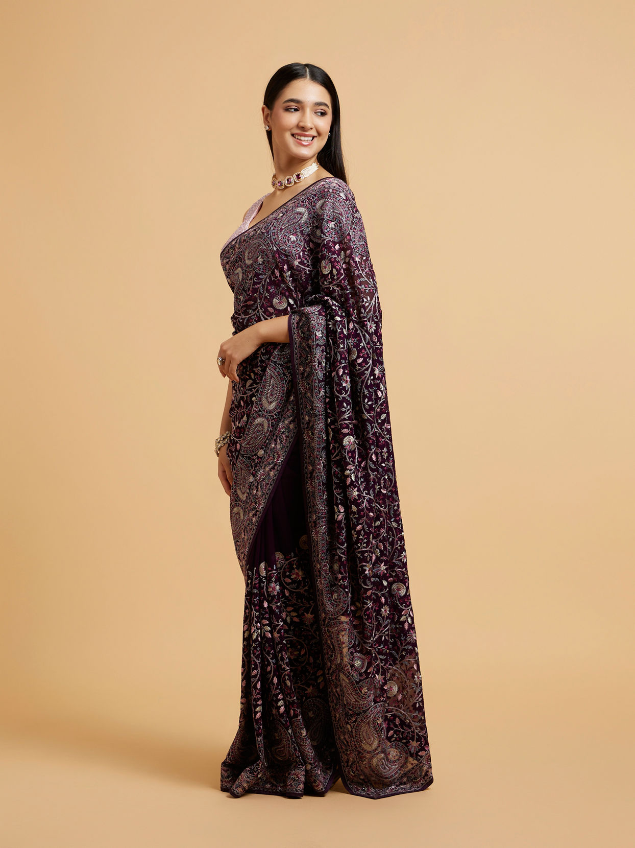 Mohey Women Wine Red Floral Vine Embroidered Saree with Paisley Motifs
